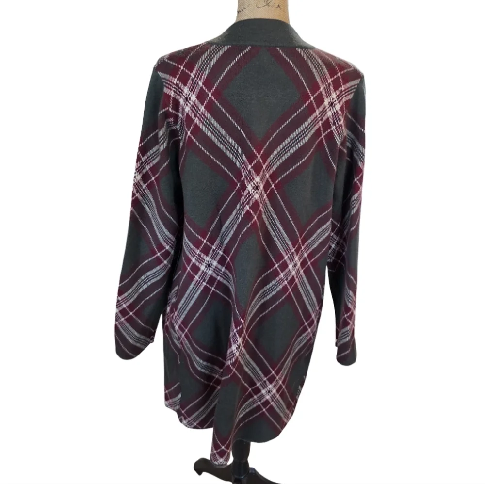 Tahari Womens‎ Green Burgundy Plaid Open Front Longline Cardigan Sweater Size M